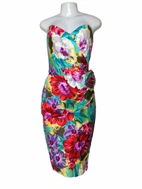 VTG 80s BB Collection Strapless Floral Tulip Wiggle Dress Cotton USA Size 12